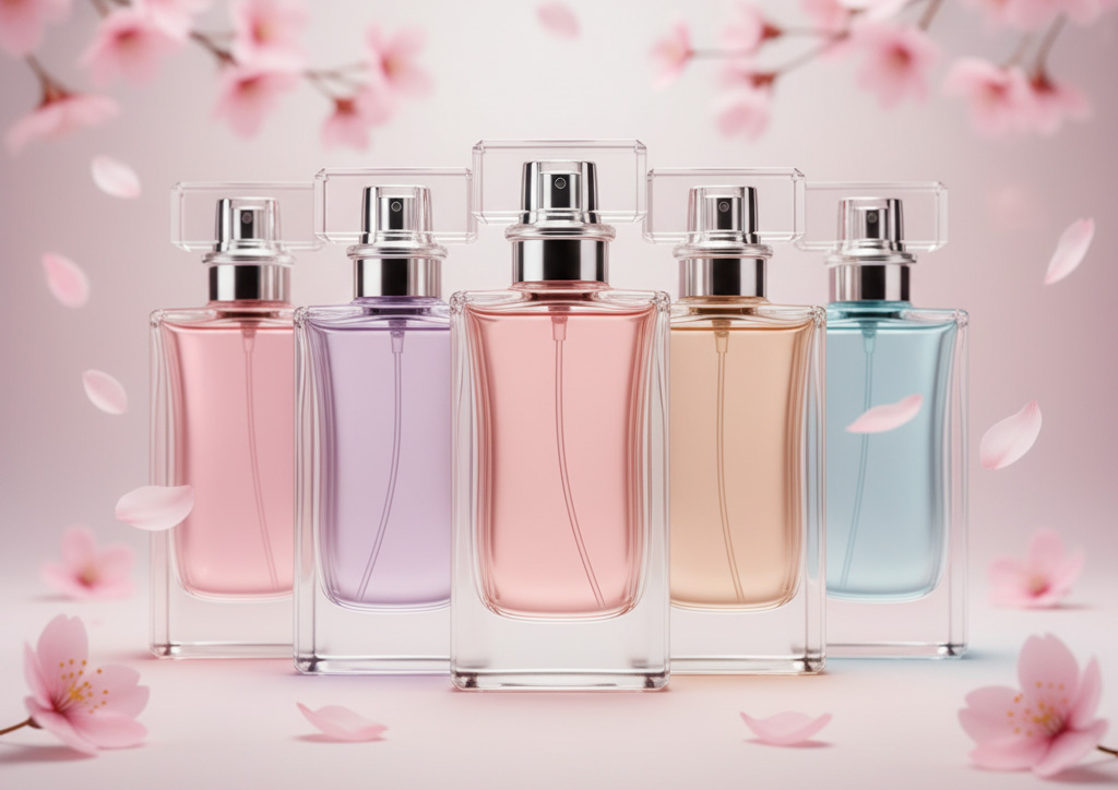 Frascos de perfume genéricos en tonos pastel, ilustración representativa de guía de equivalencias para mujer